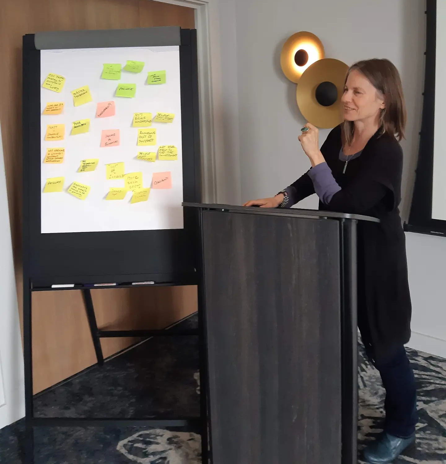 Nicky Torode facilitating a workshop with sticky notes on a flip chart